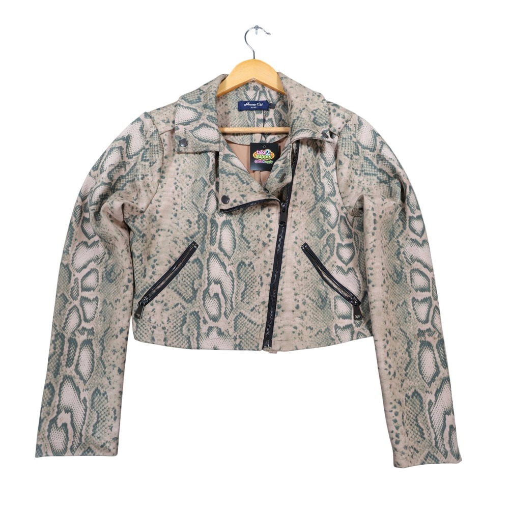 Anna‎ Cai Moto Jacket Womens Small Tan Green Faux Suede Snakeskin Cropped Biker